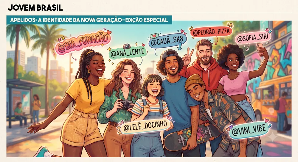 Grupo de amigos com apelidos criativos flutuando acima