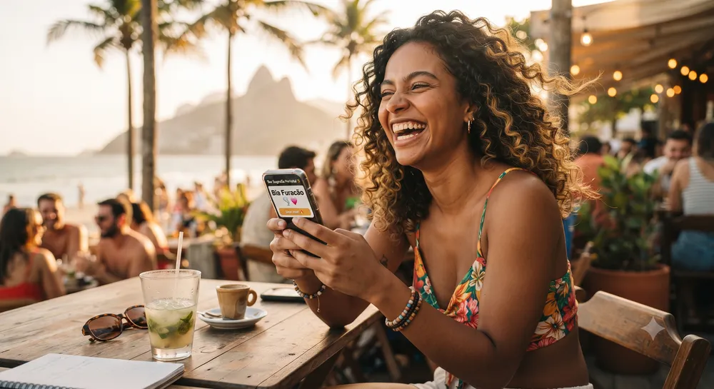 Pessoa rindo ao descobrir apelido criativo no celular