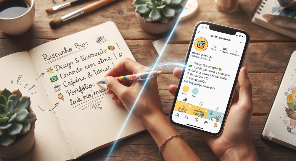 Rascunho de bio em papel transformado em versão digital