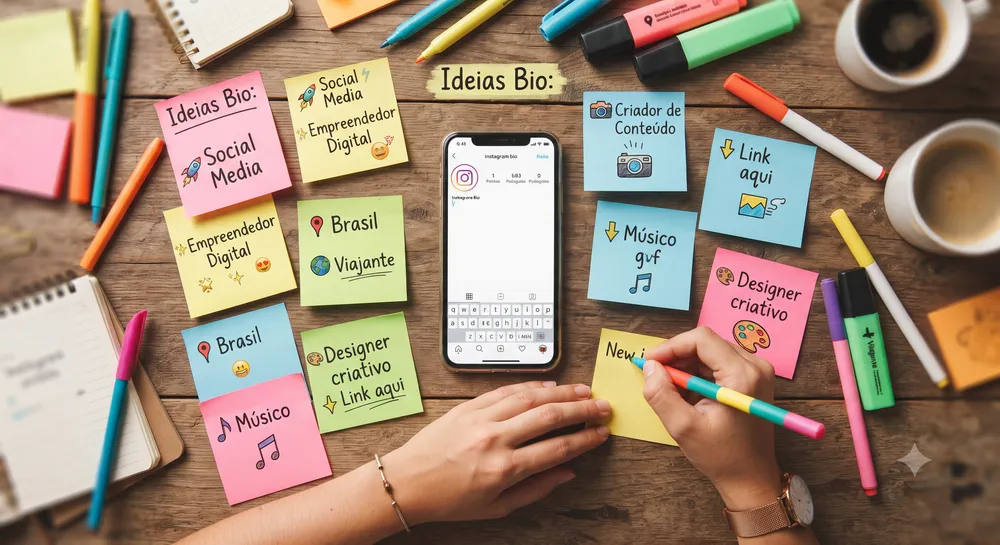 Brainstorm de ideias para bio em post-its coloridos