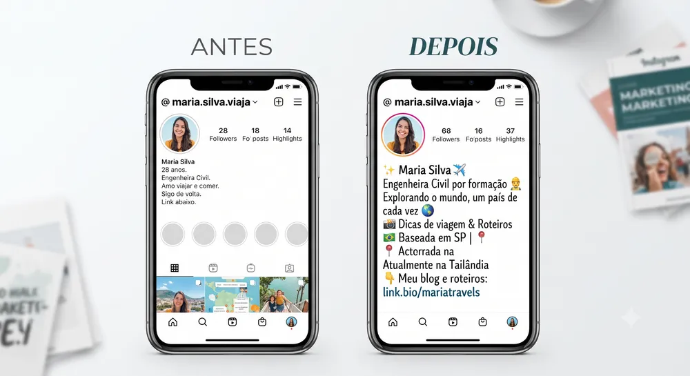 Antes e depois de uma bio simples versus criativa