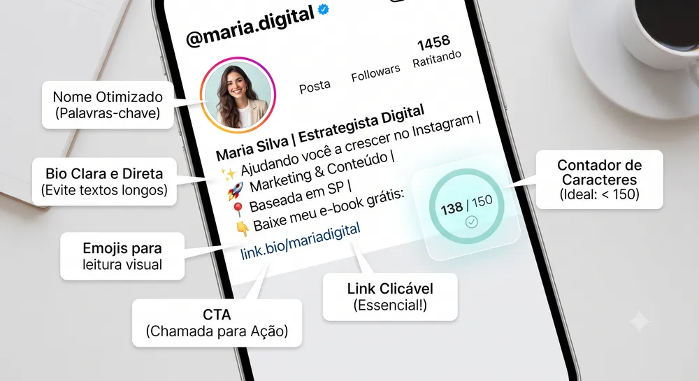 Perfil mostrando contador de 150 caracteres da bio