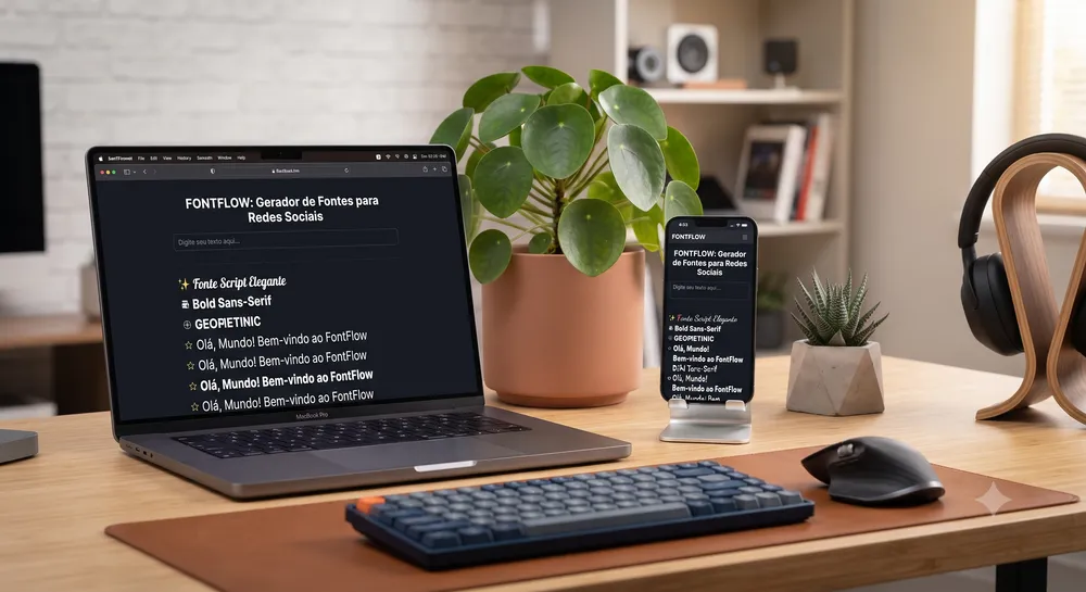 Laptop e celular mostrando site gerador de fontes