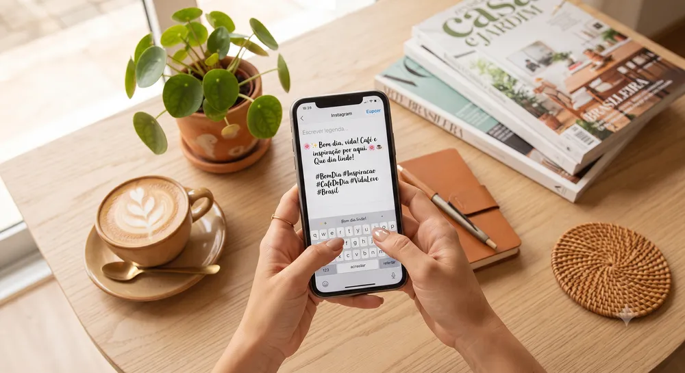 Pessoa digitando legenda com fontes cursivas no celular