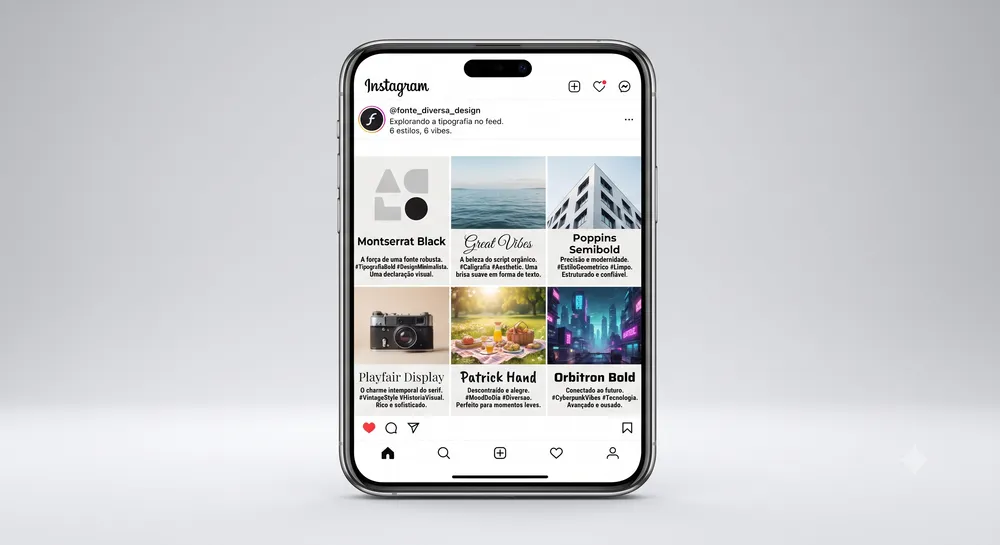 Feed do Instagram com legendas em vários estilos tipográficos