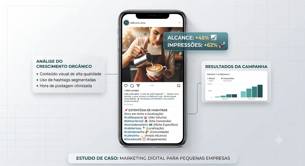 Post com hashtags estratégicas e overlay de crescimento