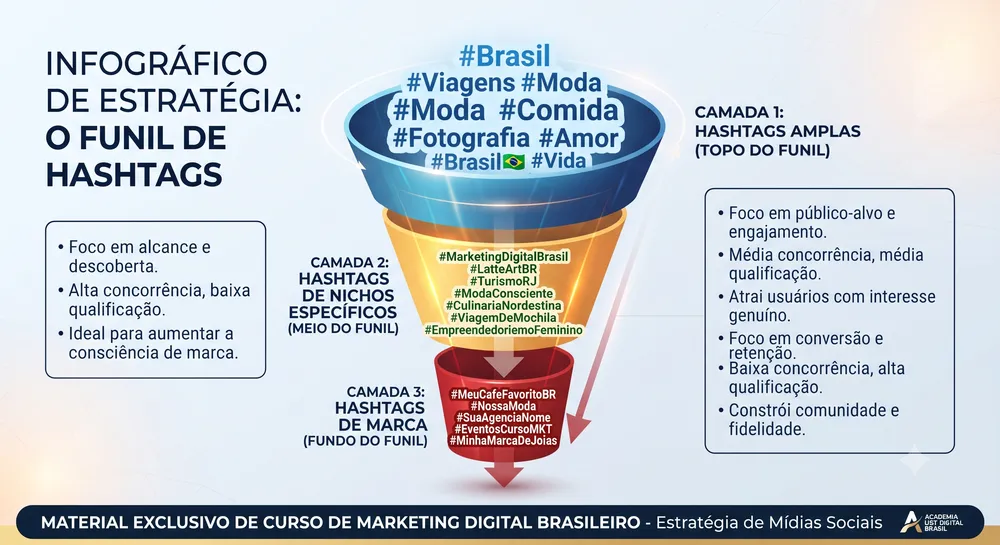 Infográfico de funil: hashtags amplas, de nicho e de marca