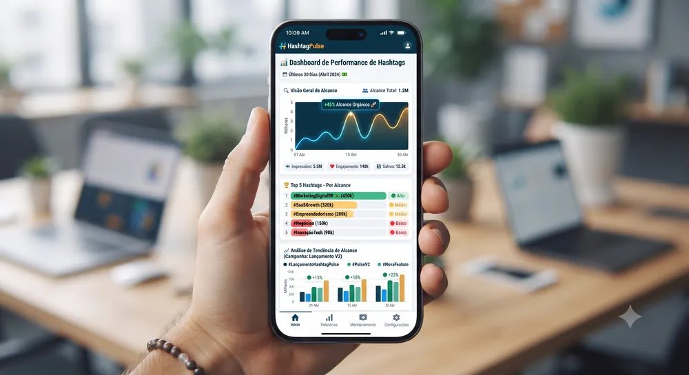 Dashboard de analytics de hashtags no celular