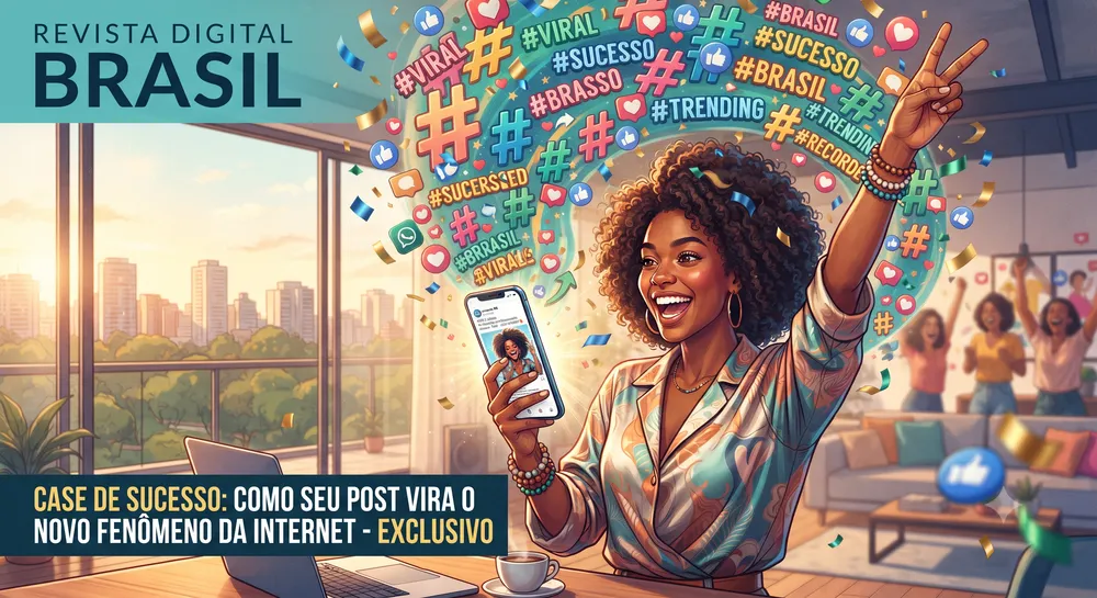 Pessoa celebrando post viral com hashtags flutuando