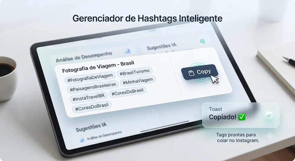 Botão de copiar ao lado de conjunto curado de hashtags