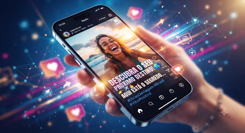 Interface de Reels com legenda viral sobreposta
