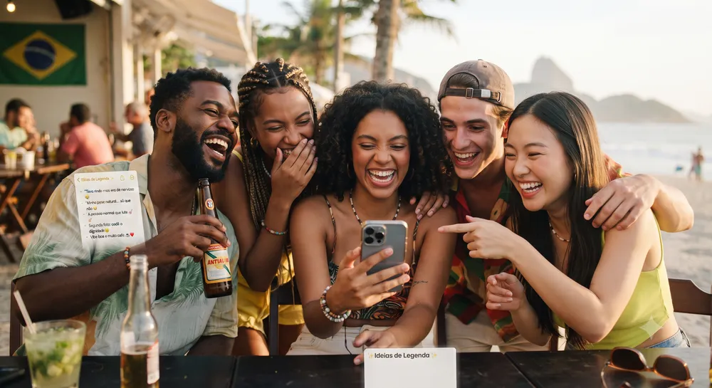 Amigos rindo de sugestões engraçadas de legendas