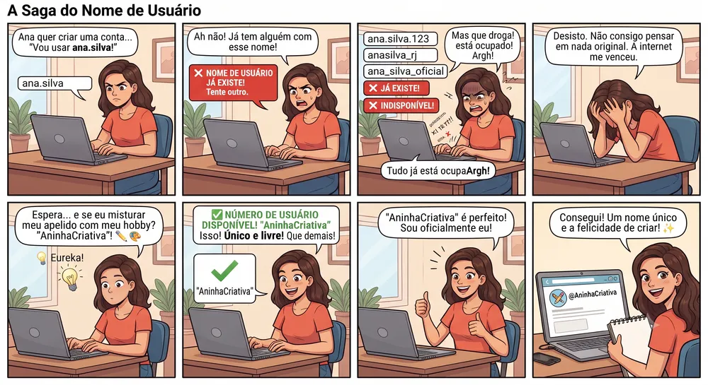 Tirinha: frustração com nome indisponível e solução encontrada