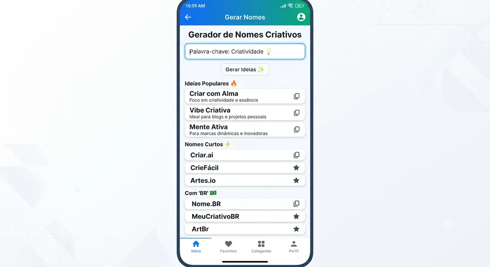 Interface do gerador mostrando sugestões de nomes