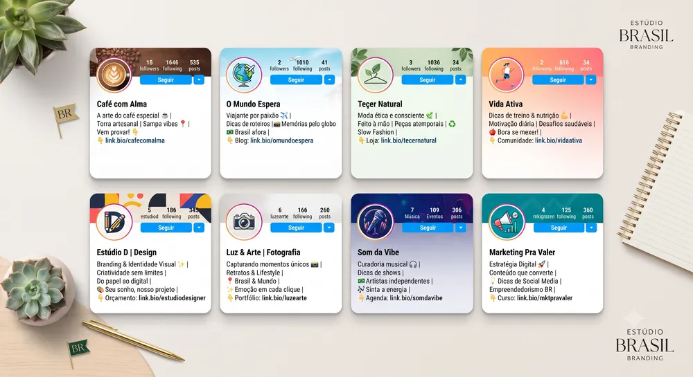 Cartões de perfil com usernames criativos para vários nichos